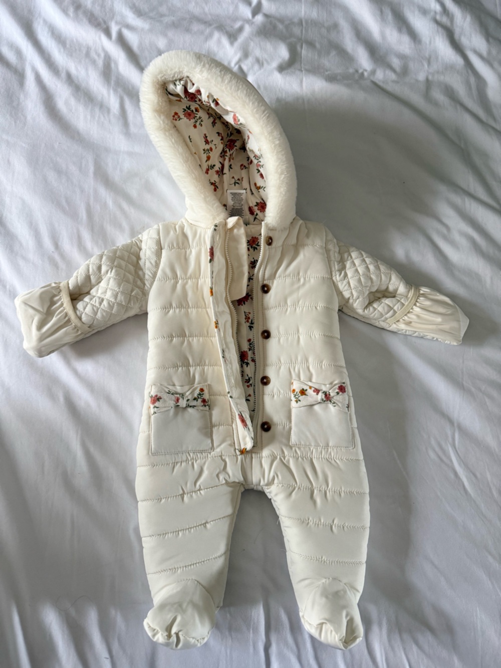 Plush-Lined Cream Baby One-Piece Footie with Floral Trim